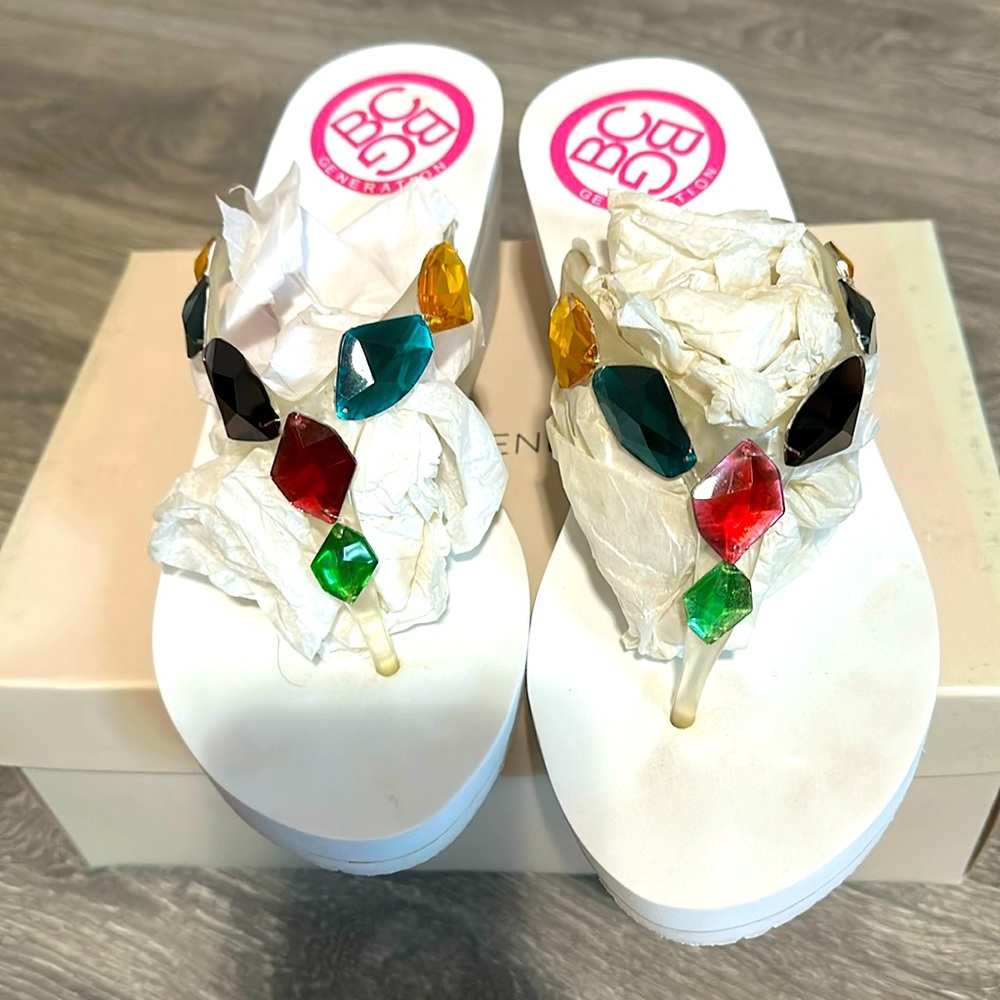 White BCBG flip flips with multi colored stones
